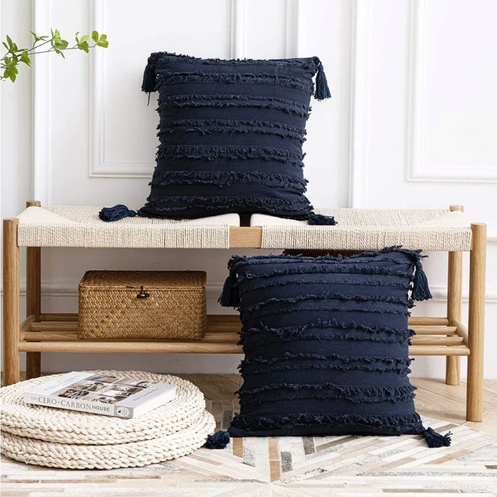 Luxury Home | Navy Blue Striped Frayed Jaquard Corner Tassel Throw Pillow Covers